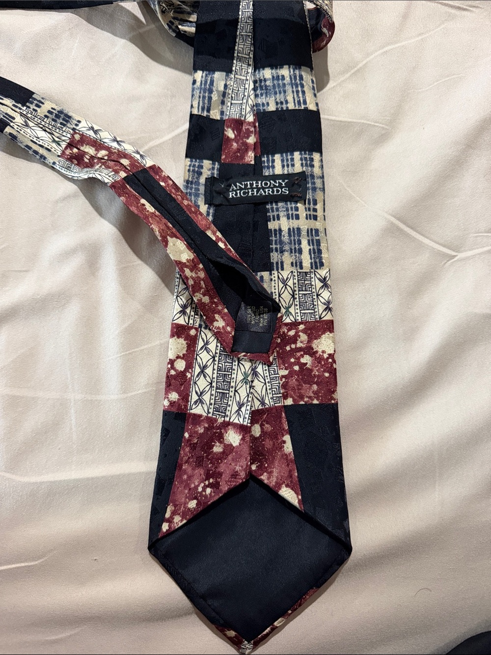Anthony Richards Patchwork Tie in Burgundy, Black & Cream Pattern